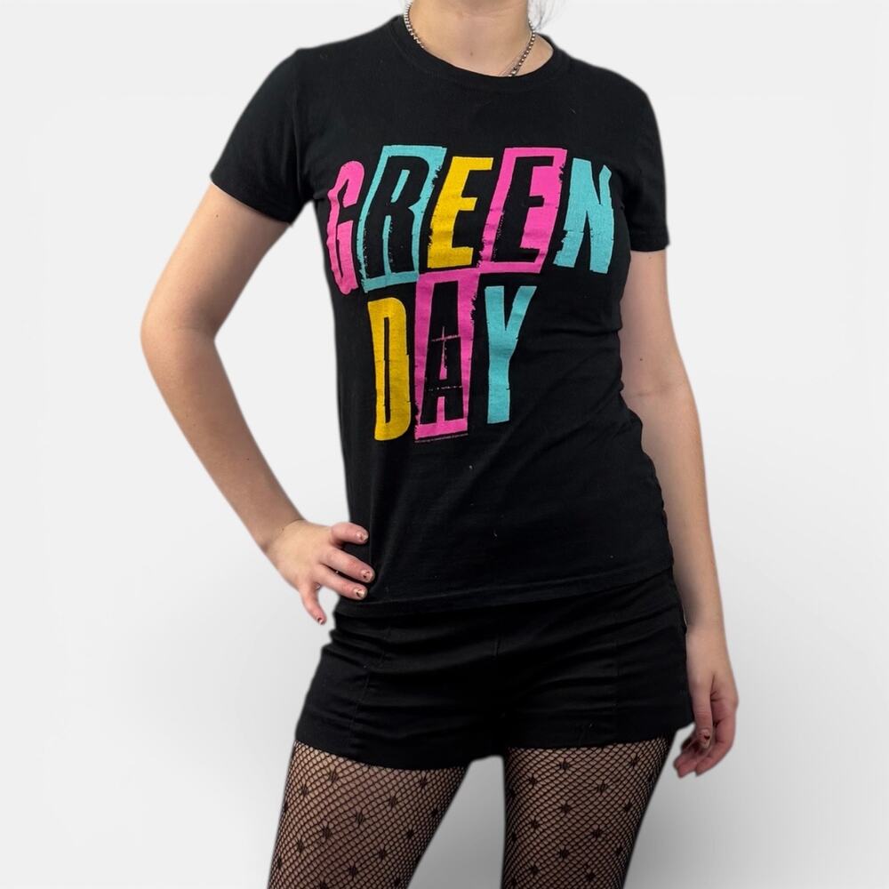 Green Day Neon Stacked Flash Cards Spellout Cap Sleeve Band T-Shirt Sz S